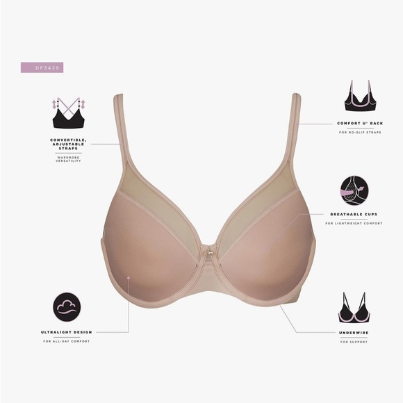 Bali One Smooth U Ultra Light Illusion Neckline Underwire Bra 42C In Sandshell - Picture 3 of 12